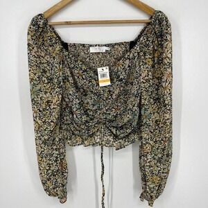ASTR The Label Black Yellow Floral Ruched Crop Top ACT16830C Small New NWT